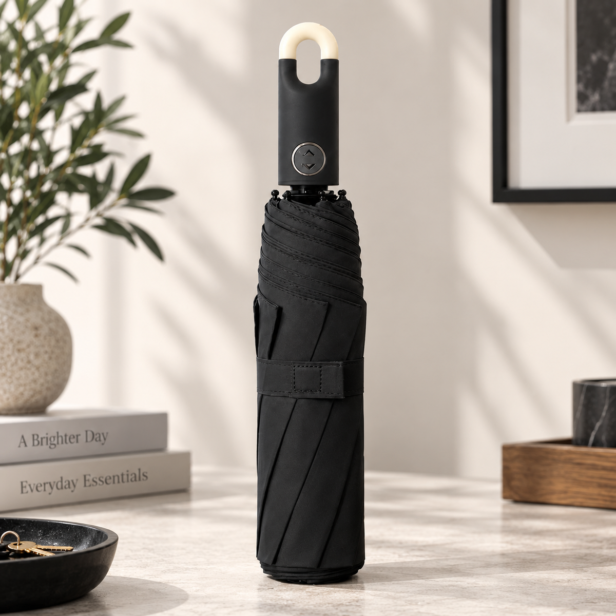 Premium Round Clip Folding Umbrella – Black