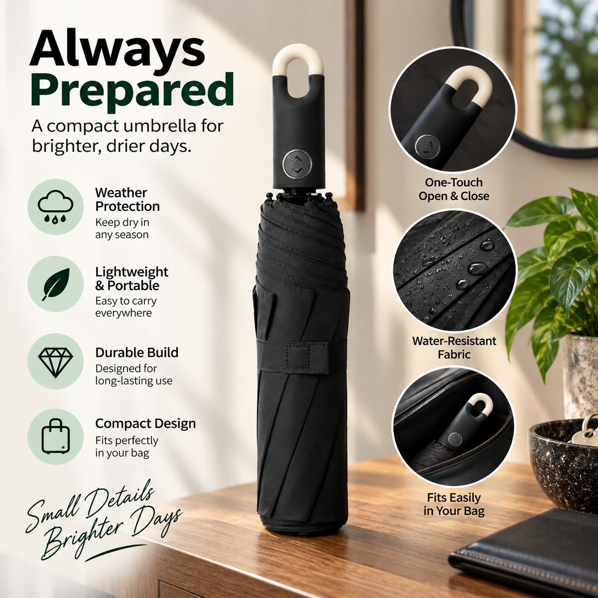 Premium Round Clip Folding Umbrella – Black