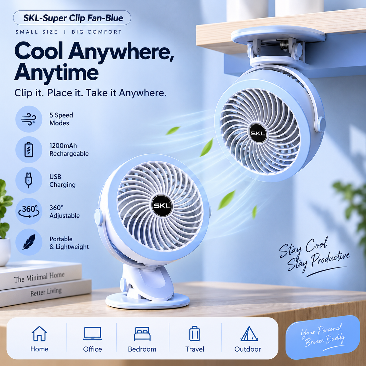 Premium 6-Inch Rechargeable Mini Clip Fan with 5-Speed Modes – Blue