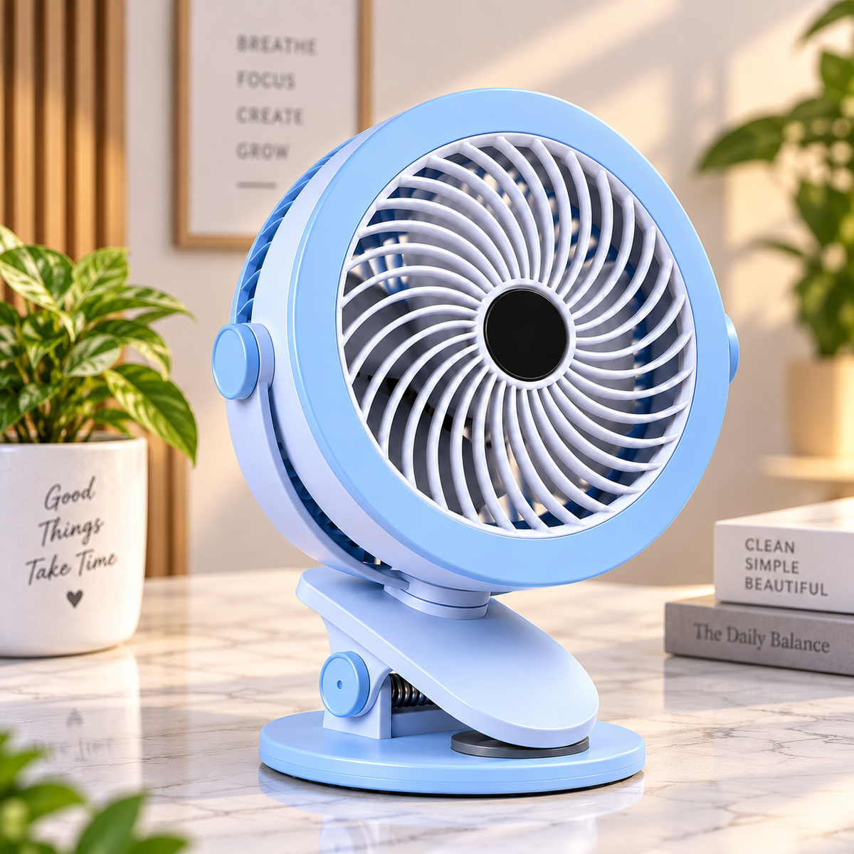 Premium 6-Inch Rechargeable Mini Clip Fan with 5-Speed Modes – Blue