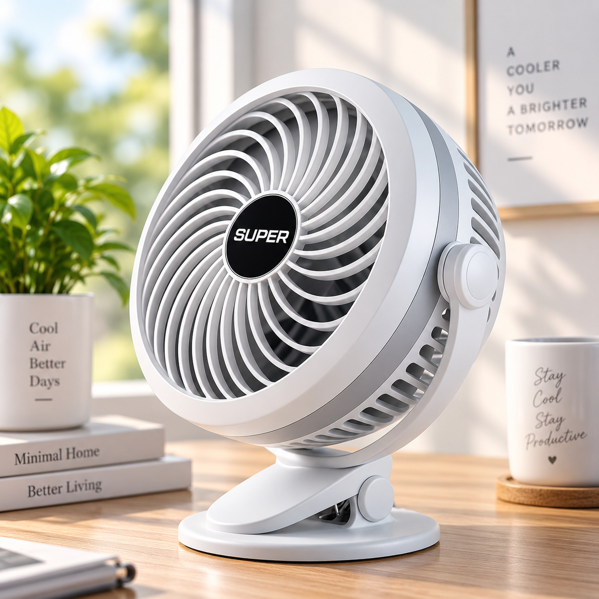 Premium 6-Inch Rechargeable Mini Clip Fan with 5-Speed Modes – White