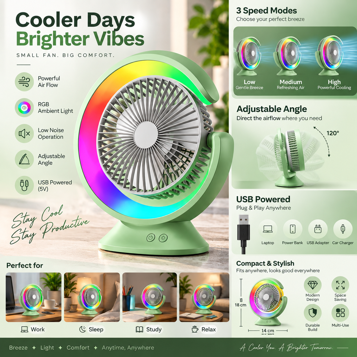 Premium 4000mAh Rechargeable Table Fan with 5-Speed Modes & LED Light – Green