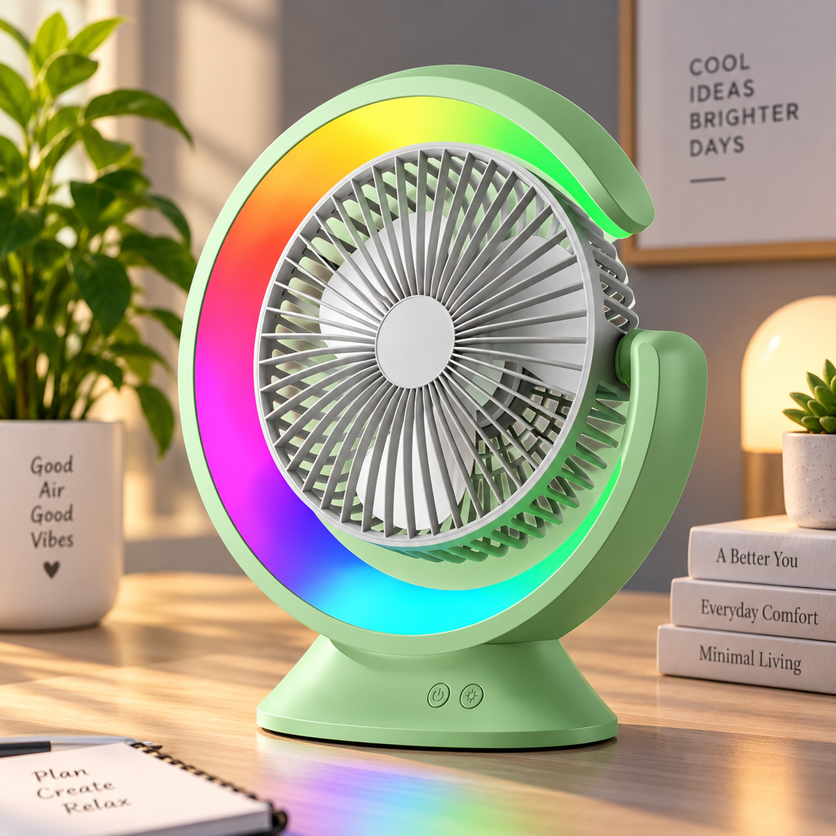 Premium 4000mAh Rechargeable Table Fan with 5-Speed Modes & LED Light – Green