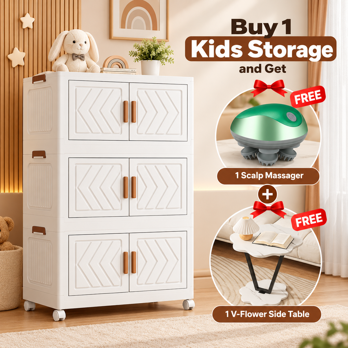 SAMDIYA 1+3 Door Kids Storage Cabinet (Ivory) + Scalp Massager (Green) + V-Flower Side Table | Buy 1 Get 2 Free Combo