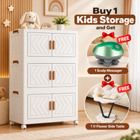 SAMDIYA 1+3 Door Kids Storage Cabinet (Ivory) + Scalp Massager (Green) + V-Flower Side Table | Buy 1 Get 2 Free Combo
