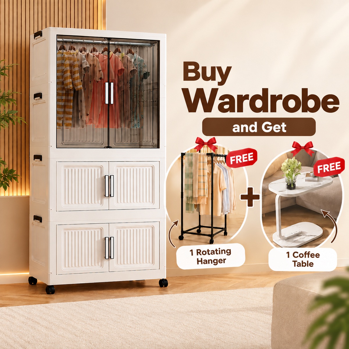 SAMDIYA 2-Door Modular Wardrobe with Hanging Section + Rotating Garment Hanger Stand + Adjustable Oval Side Table | Buy 1 Get 2 Free Combo