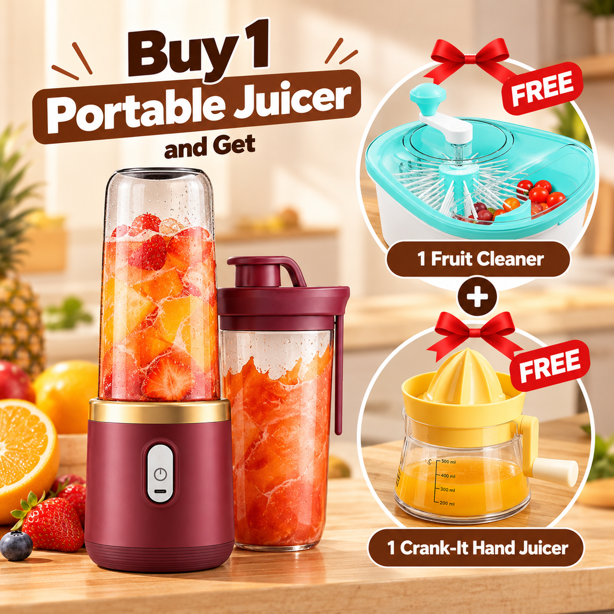 SAMDIYA Portable Juicer (Maroon) + Fruit Cleaner + Crank-It Hand Juicer | Buy 1 Get 2 Free Combo