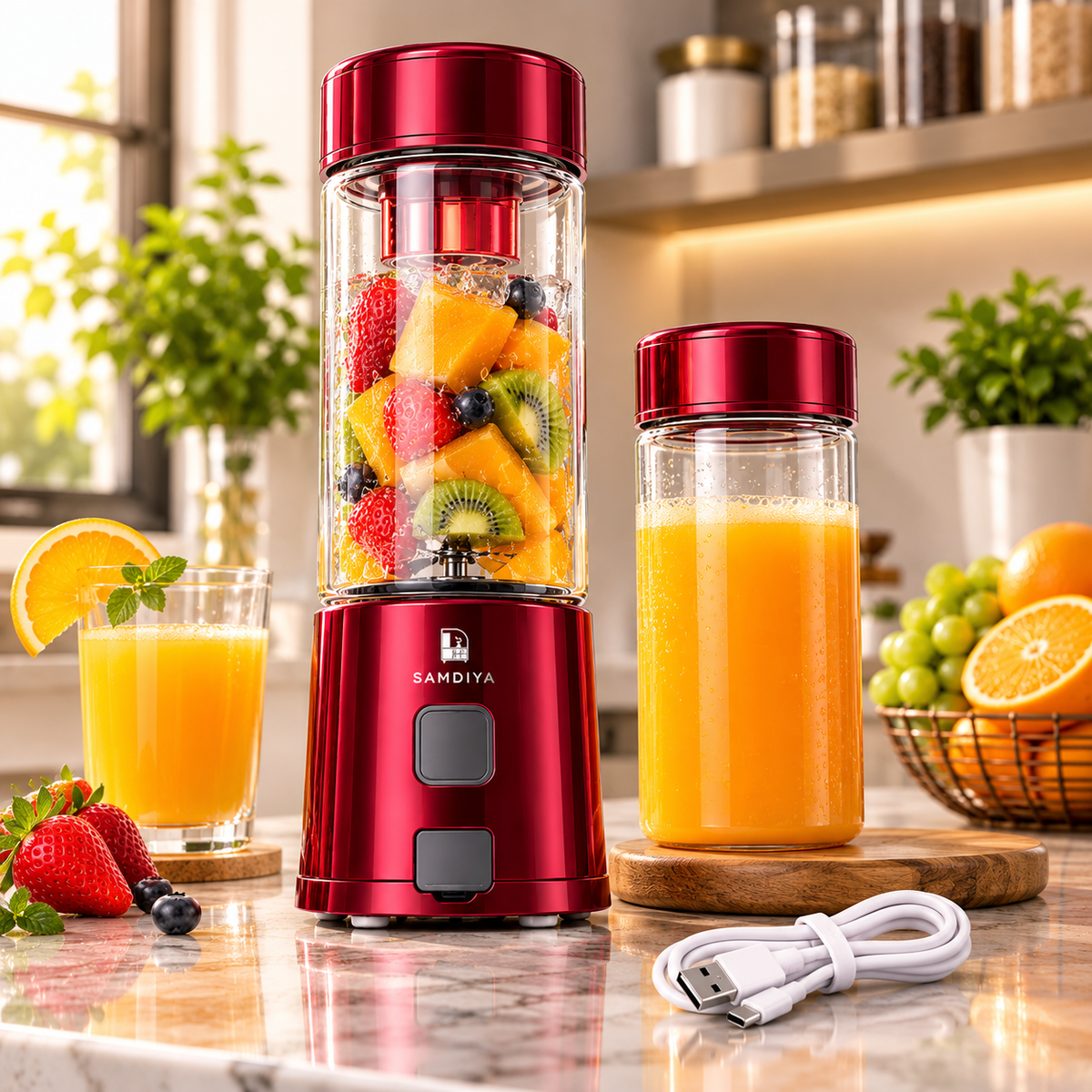SAMDIYA Iron Man electric juicer maroon - on kitchen counter