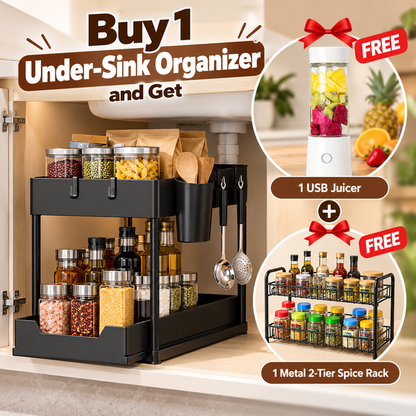 Under-Sink Organizer + USB Juicer (White) + Metal 2-Tier Spice Rack