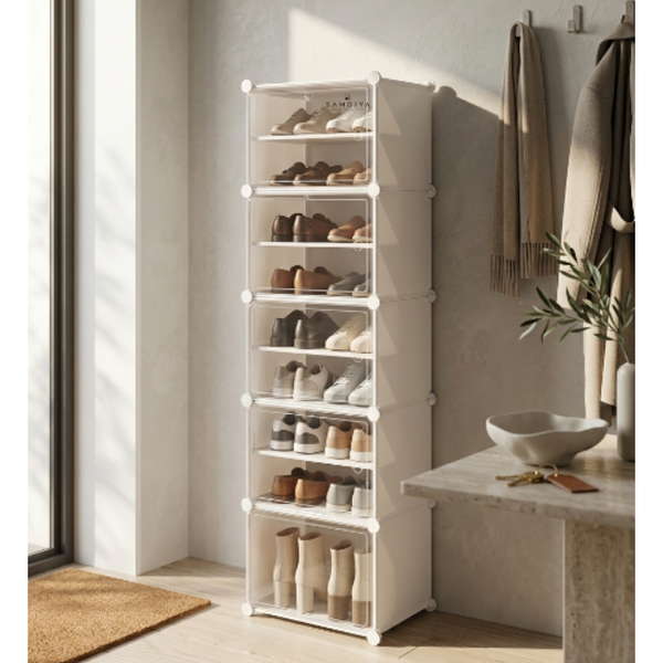 Premium 10-Layer Plastic Shoe Storage Cabinet with Doors & Side Hooks – White