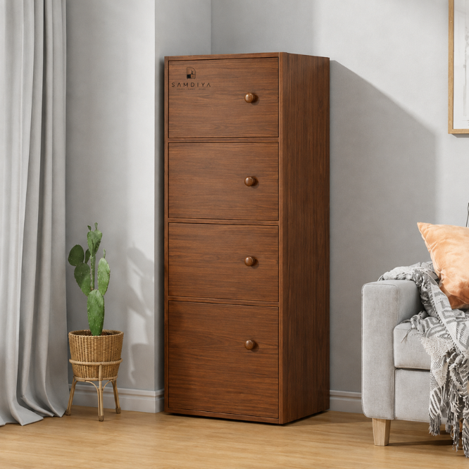 Premium Nordic Walnut 4-Layer Wooden Storage Cabinet with Doors