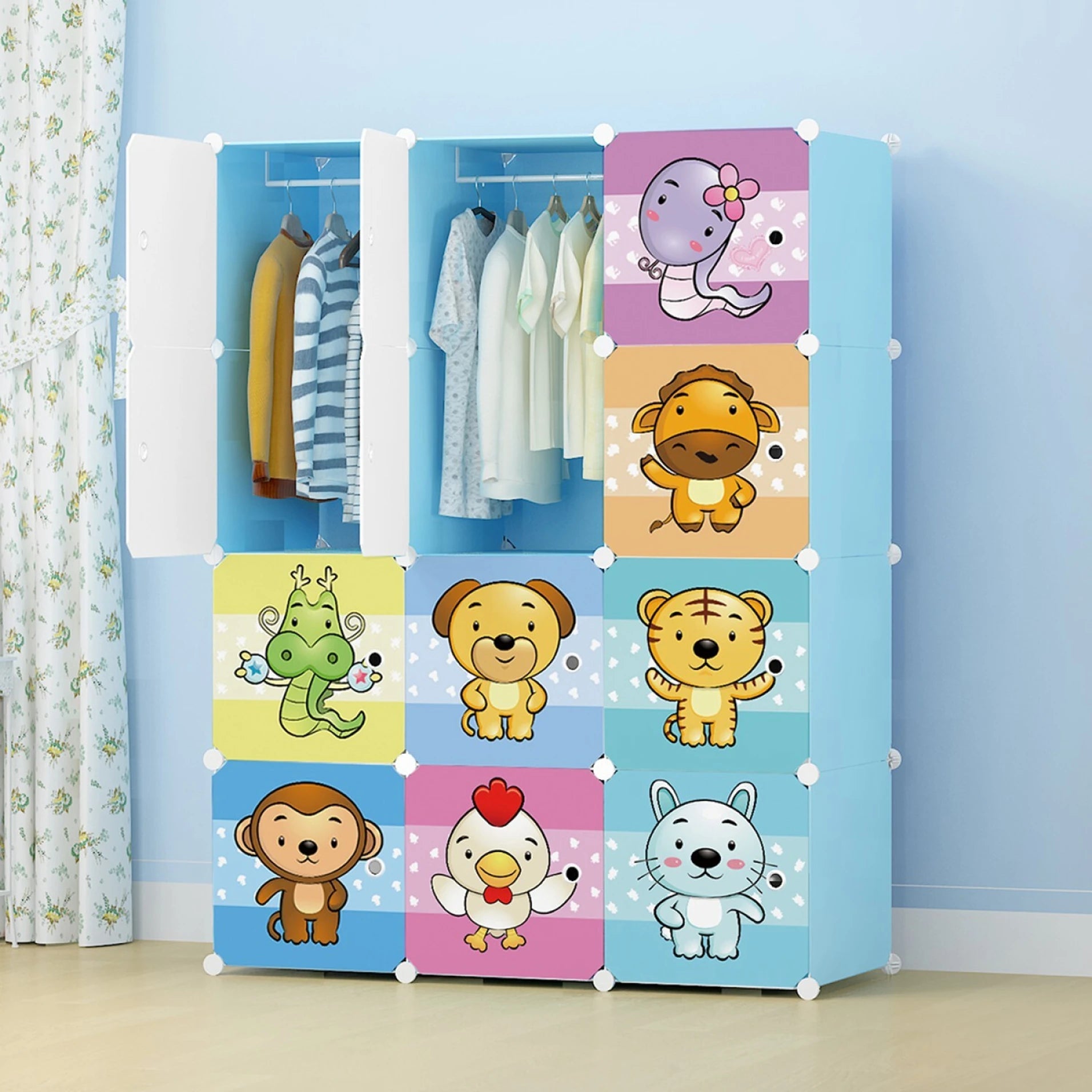 Premium 12-Door Zodiac-Print Kids Plastic Wardrobe – Blue
