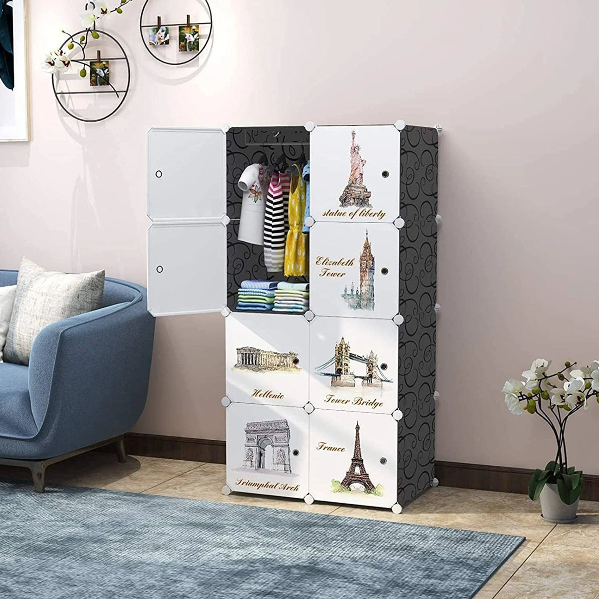 Premium 8-Door 8-Shelf Kids Modular Plastic Wardrobe Cabinet – Black