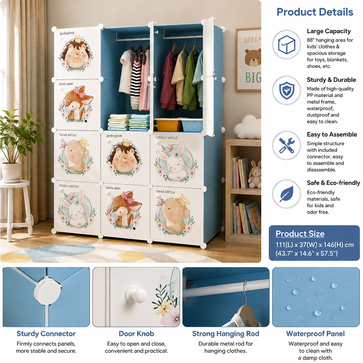 Premium 12-Door Superhero-Print Kids Plastic Wardrobe – Blue