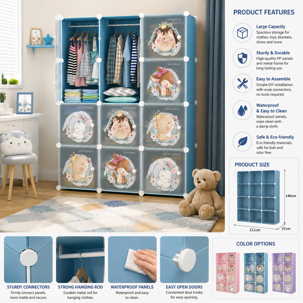 Premium 12-Door Jungle-Print Kids Plastic Wardrobe – Blue