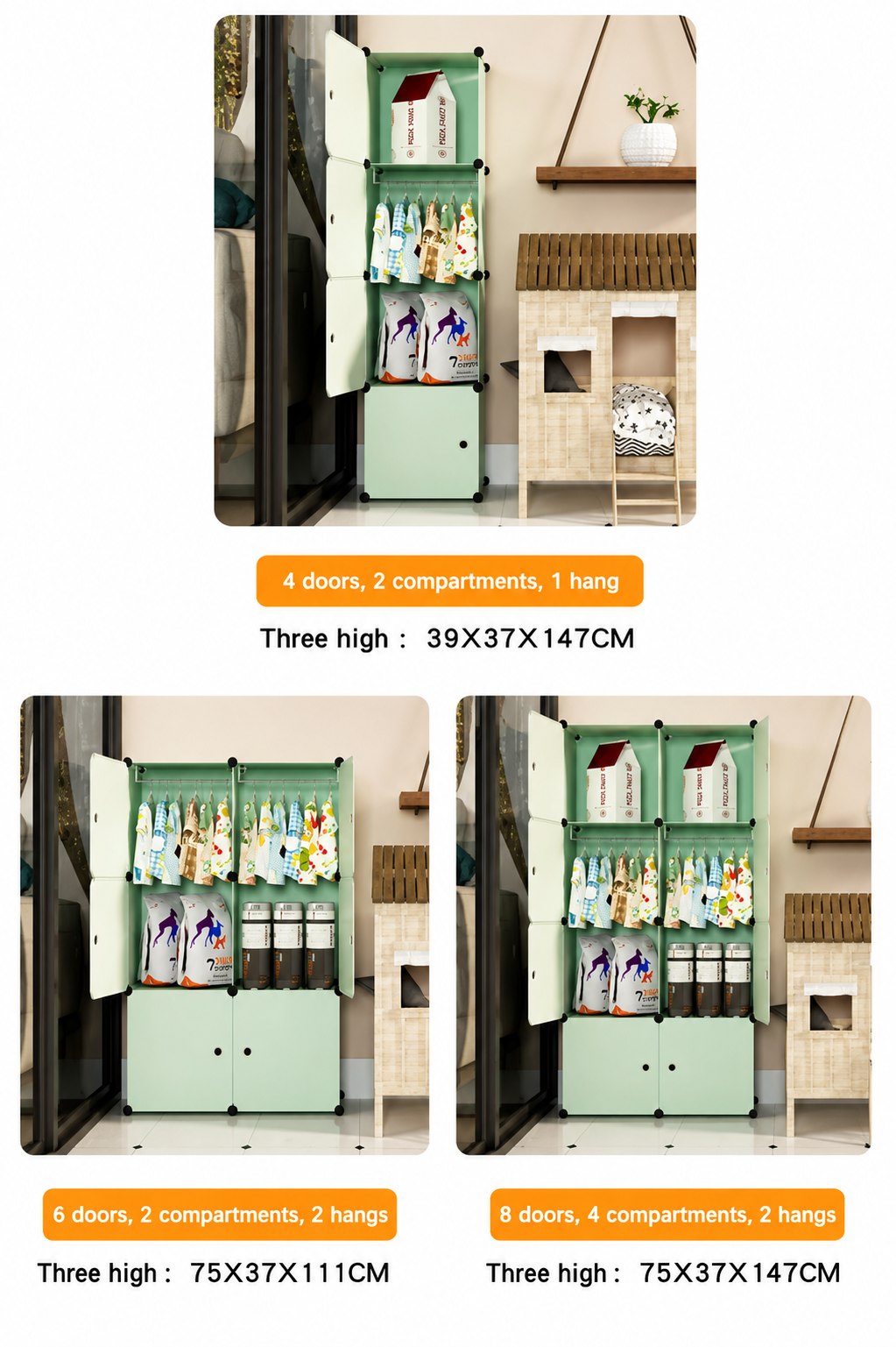 Premium 6-Door 8-Shelf Kids Modular Plastic Wardrobe Cabinet – Green