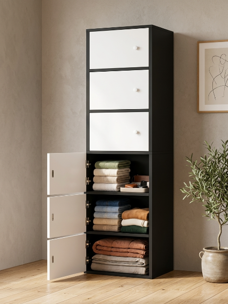 Premium Nordic Black & White 6-Layer Wooden Storage Cabinet with Doors