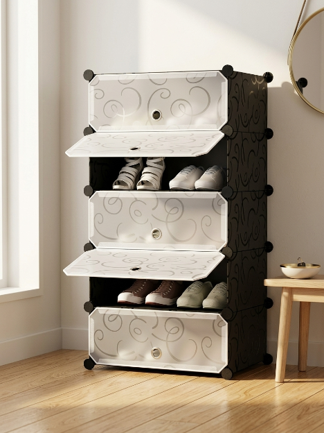Premium 5-Layer Plastic Shoe Storage Cabinet with Doors | Dustproof Modular Shoe Organizer | Black