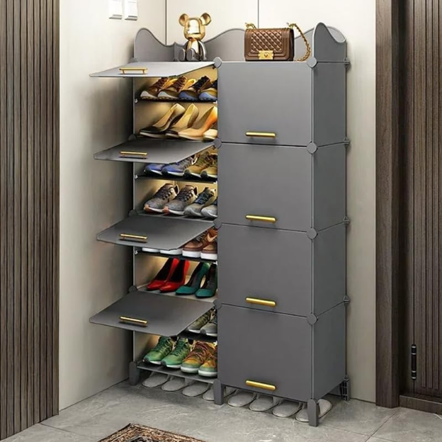 Premium 16-Shelf 8-Door Plastic Shoe Storage Cabinet – Grey