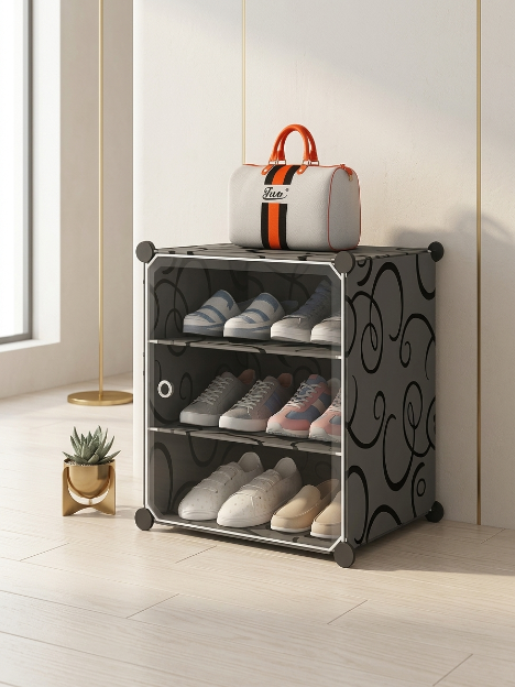 Premium 3-Shelf 1-Door Plastic Shoe Storage Cabinet – Black
