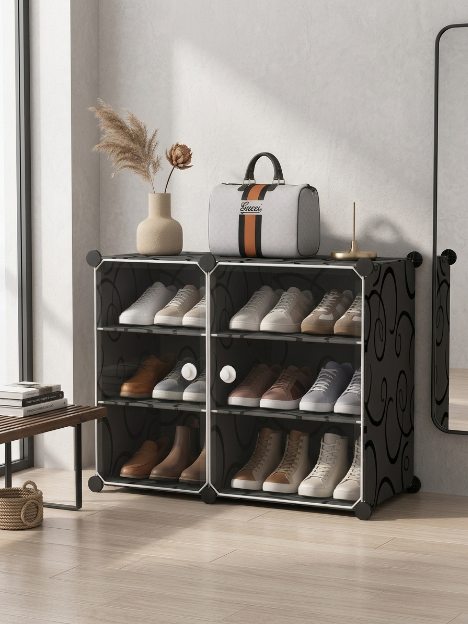 Premium 6-Shelf 2-Door Plastic Shoe Storage Cabinet – Black