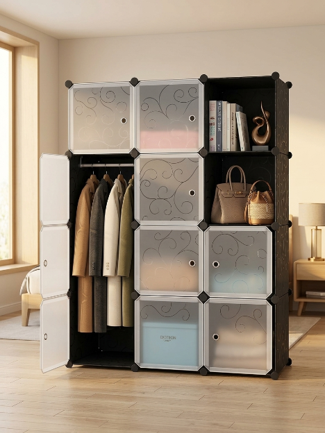 Premium 12-Shelf 10-Door Modular Plastic Wardrobe with Hanging Section – Black