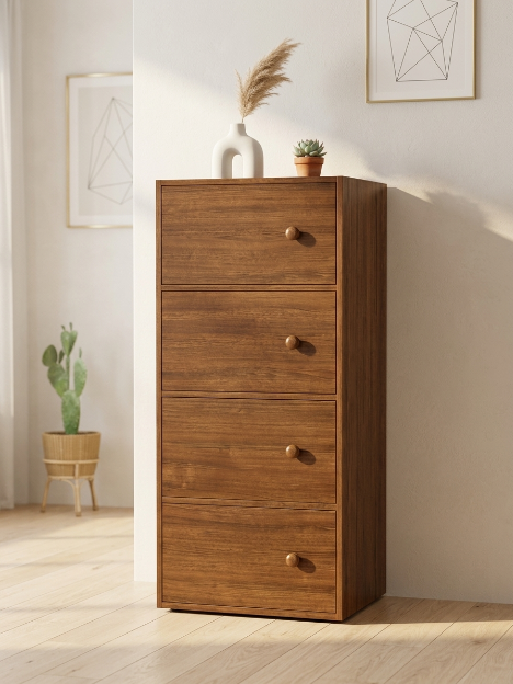 Premium Nordic Walnut 4-Layer Wooden Storage Cabinet with Doors