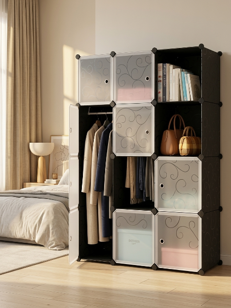 Premium 12-Shelf 10-Door Modular Plastic Wardrobe with Hanging Section – Black