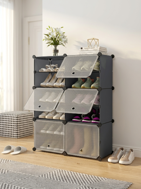 Premium 12-Shelf 6-Door Plastic Shoe Storage Cabinet – Grey