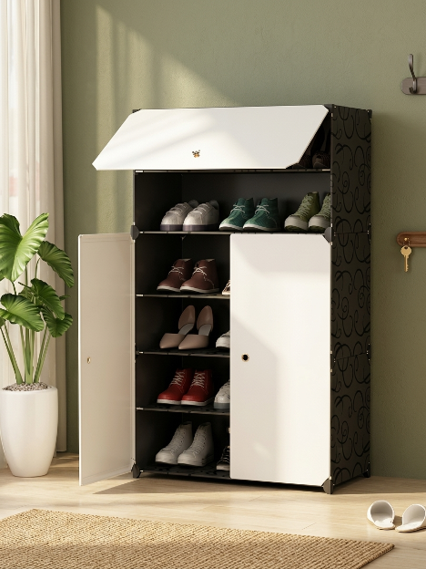 Premium 3-Door 6-Layer Plastic Shoe Storage Cabinet – Black & White