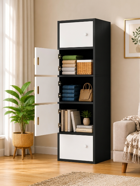 Premium Nordic Black & White 5-Layer Wooden Storage Cabinet with Doors