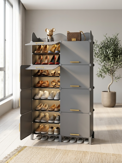 Premium 16-Shelf 8-Door Plastic Shoe Storage Cabinet – Grey