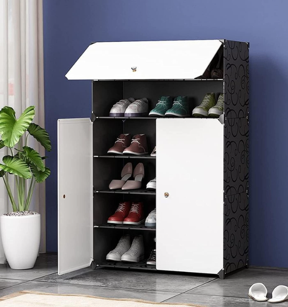 Premium 3-Door 6-Layer Plastic Shoe Storage Cabinet – Black & White