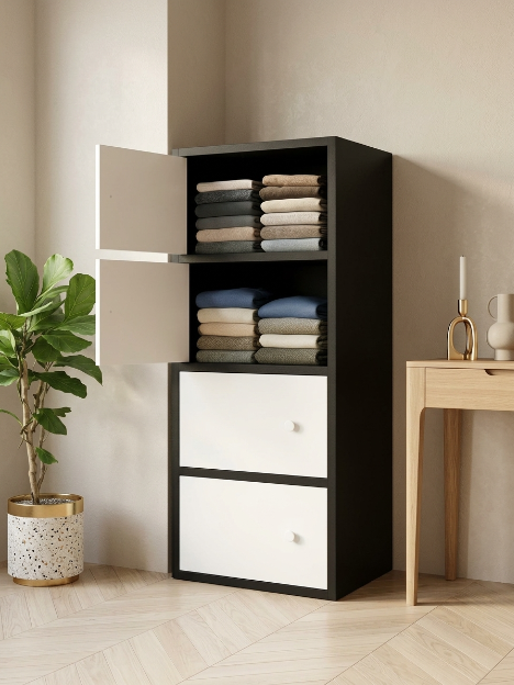Premium Nordic Black & White 4-Layer Wooden Storage Cabinet with Doors