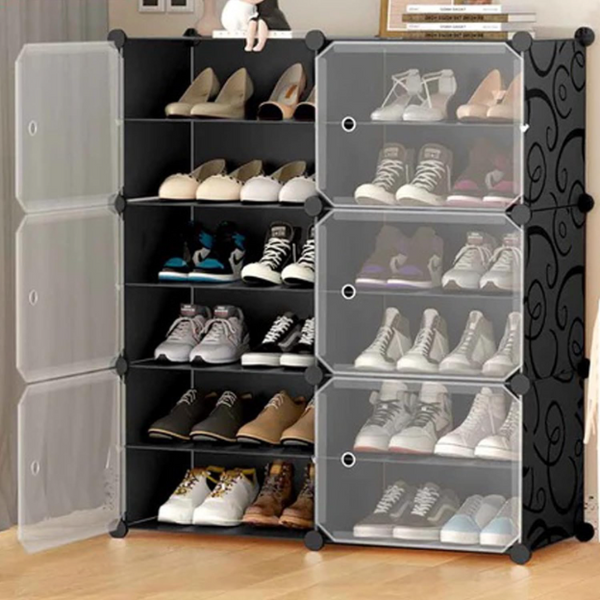 Premium 12-Shelf 6-Door Plastic Shoe Storage Cabinet – Black