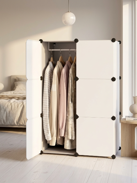Premium 6-Shelf 6-Door Modular Plastic Wardrobe with Hanging Section – White