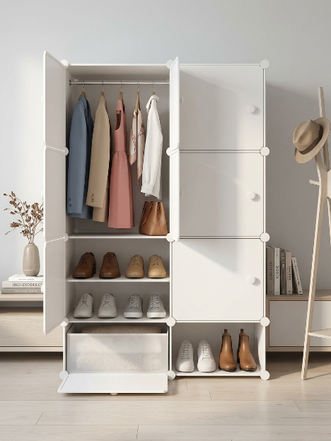 Premium 8-Shelf 6-Door Modular Plastic Wardrobe with Hanging Section – White