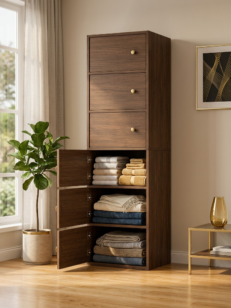 Premium Nordic Walnut 6-Layer Wooden Storage Cabinet with Doors