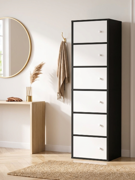 Premium Nordic Black & White 6-Layer Wooden Storage Cabinet with Doors