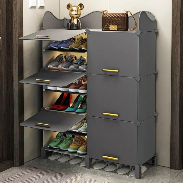 Premium 12-Shelf 6-Door Plastic Shoe Storage Cabinet – Grey
