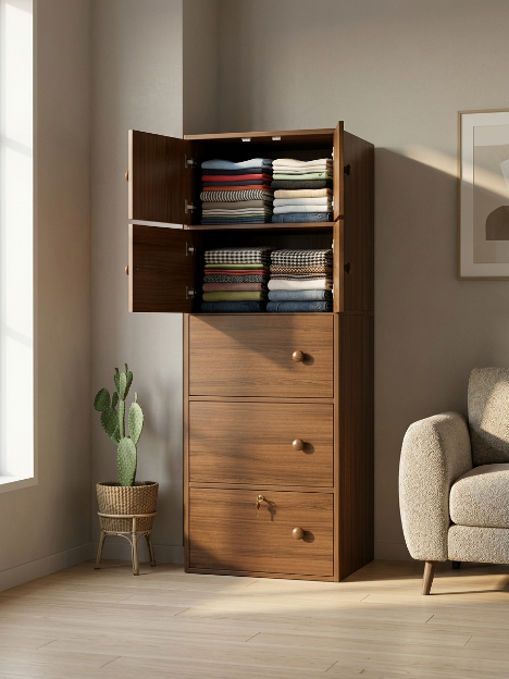 Premium Nordic Walnut 5-Layer Wooden Storage Cabinet with Doors