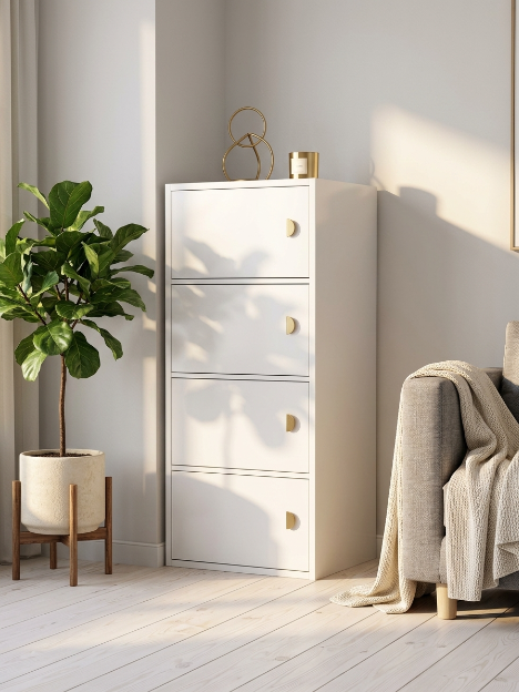 Premium Nordic White 4-Layer Wooden Storage Cabinet with Doors