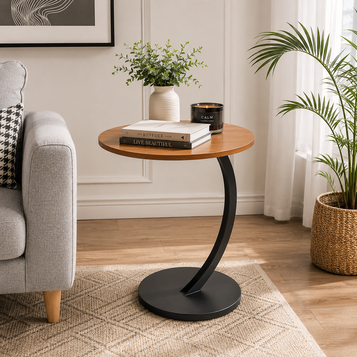 Premium Round Side Table with Metal Base – Nut Brown