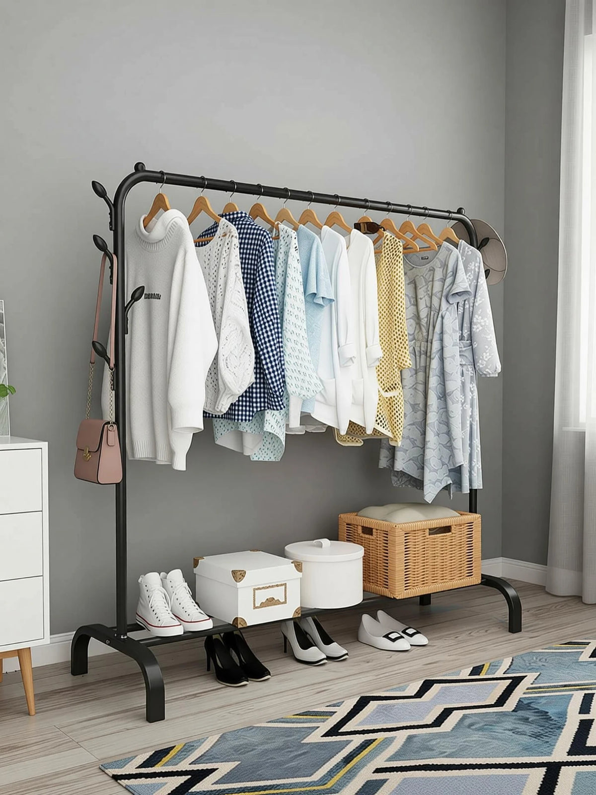 Premium 1-Door Open Clothes Hanger Stand with 2 Shelves – Black