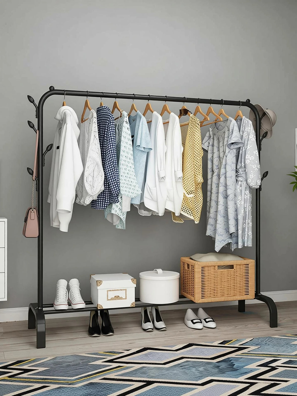 Premium 1-Door Open Clothes Hanger Stand with 2 Shelves – Black