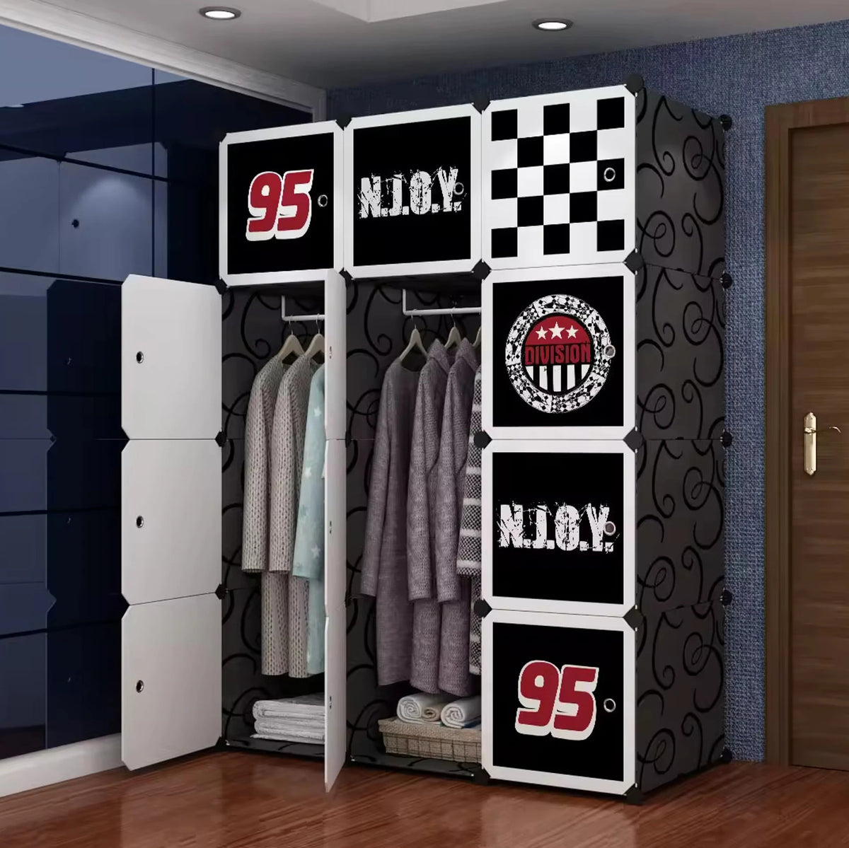 Premium 12-Door Number-Print Kids Plastic Wardrobe – Black