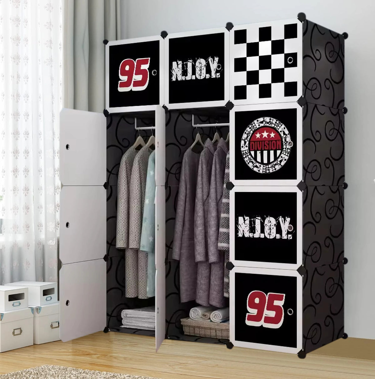 Premium 12-Door Number-Print Kids Plastic Wardrobe – Black