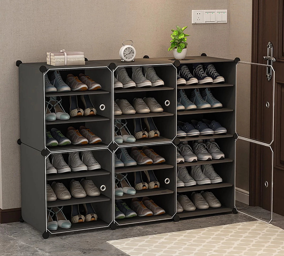 Premium 6-Door 18-Shelf Horizontal Plastic Shoe Storage Cabinet | Dustproof Modular Shoe Rack | Grey