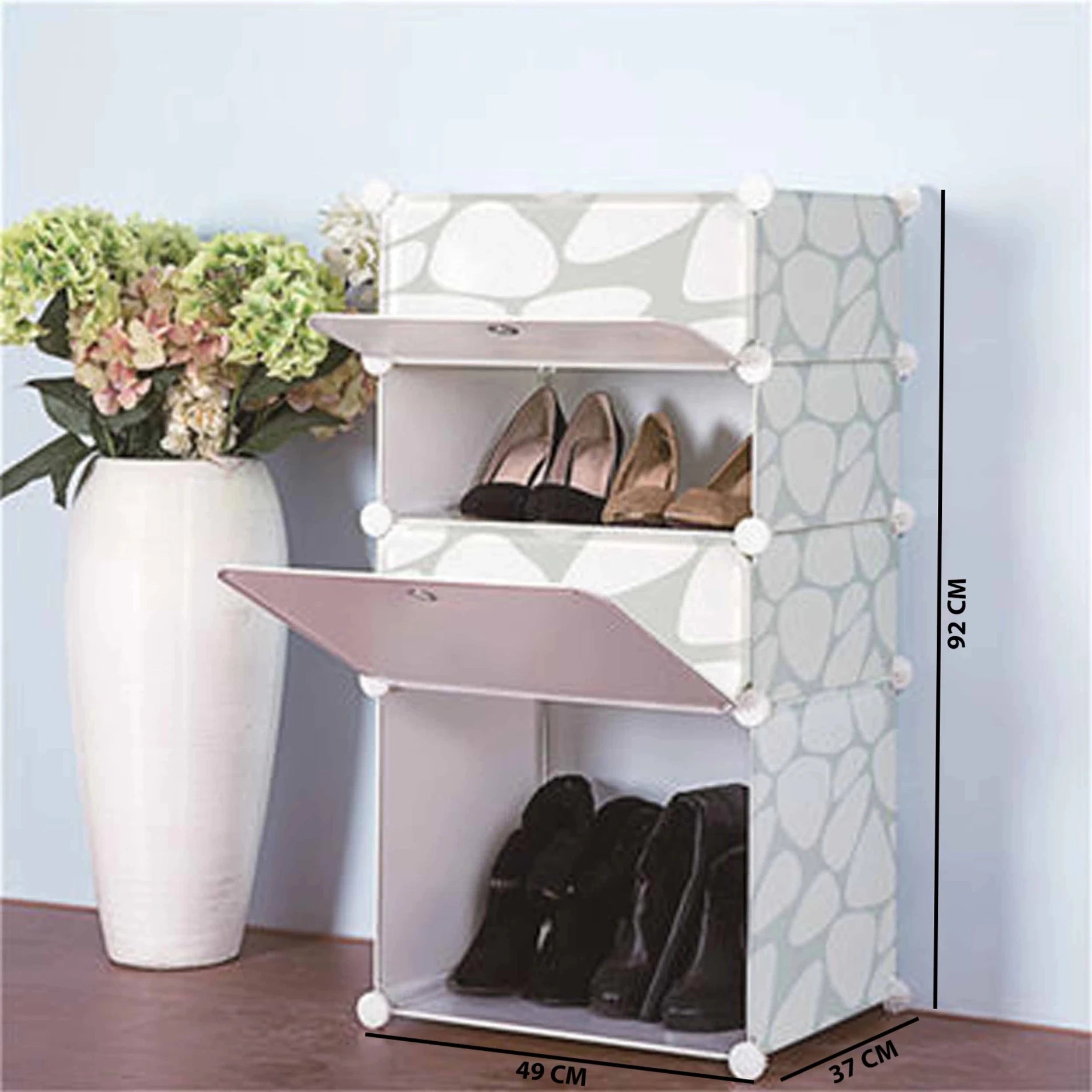 Premium 4-Layer Plastic Shoe Rack with Dustproof Doors – White Print