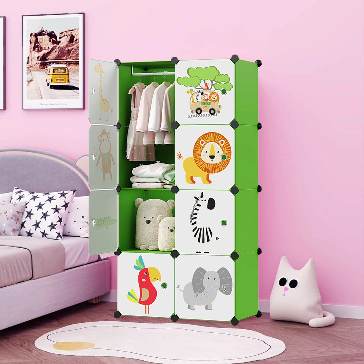 Premium 8-Door Animal-Print Kids Plastic Wardrobe – Green